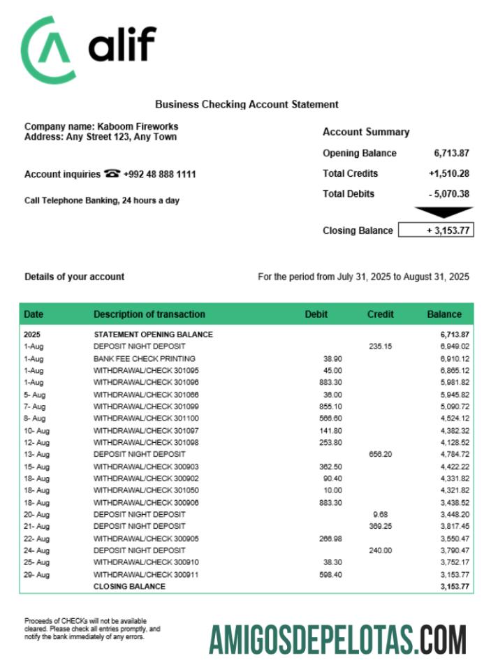 Realista Tajikistani Alif Firm modelo de extrato de conta Word e PDF